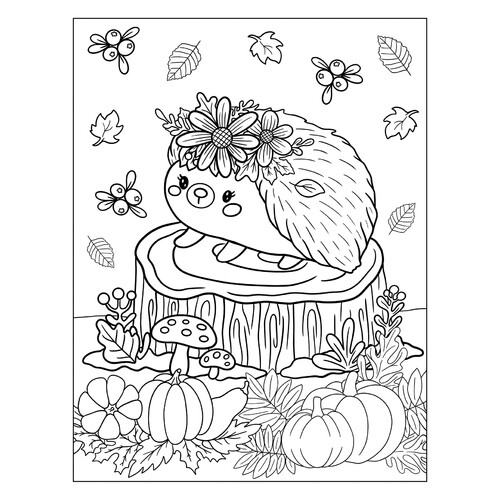 Cute Hedgehog on a Stump Coloring Page free printable Autumn Coloring Pages coloring page