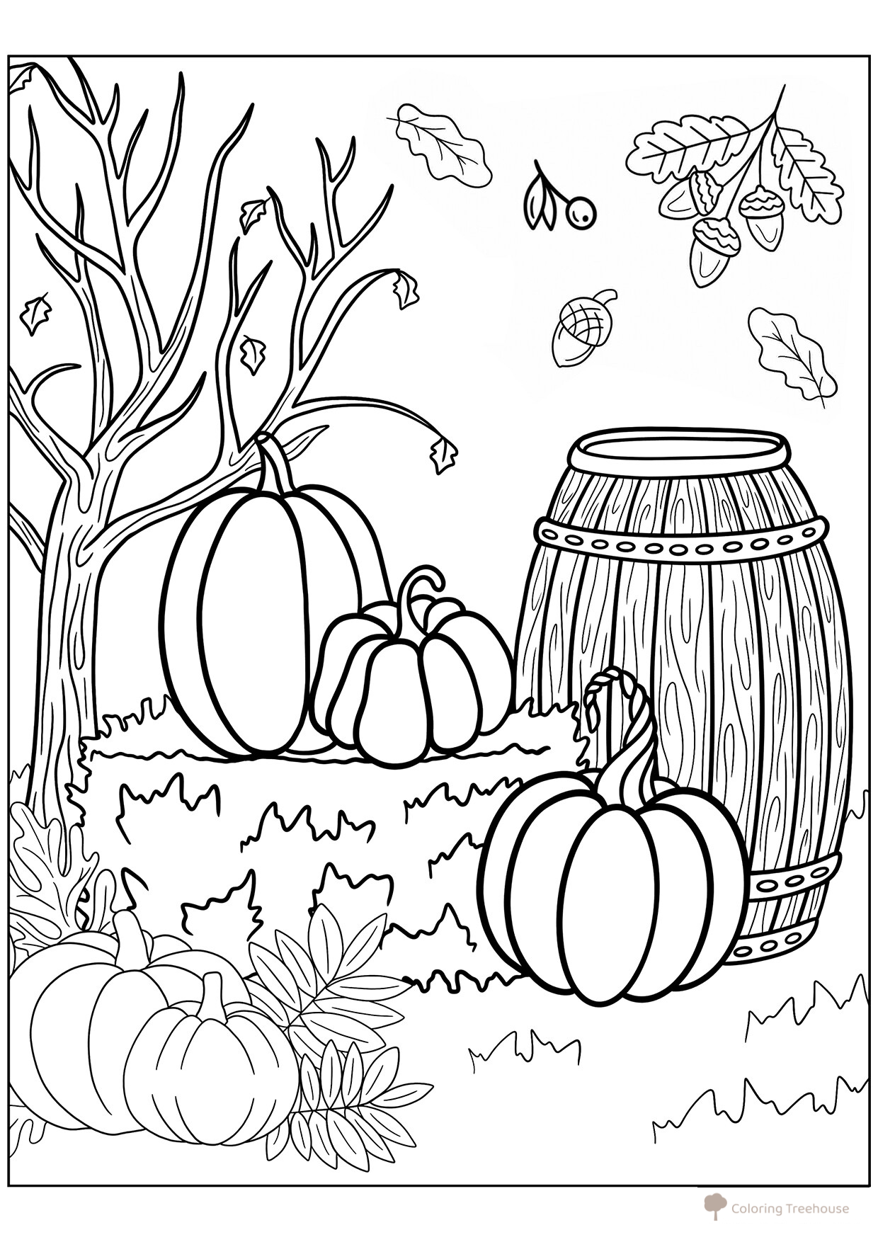 Autumn Pumpkin and Wooden Barrel Coloring Page free printable Autumn Coloring Pages coloring page