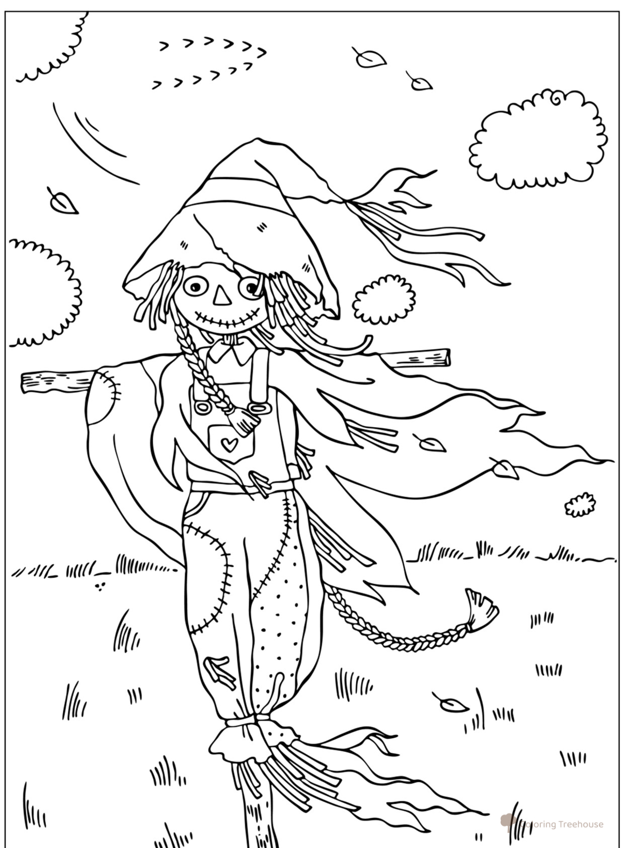 Scarecrow in a Field Coloring Page free printable Autumn Coloring Pages coloring page