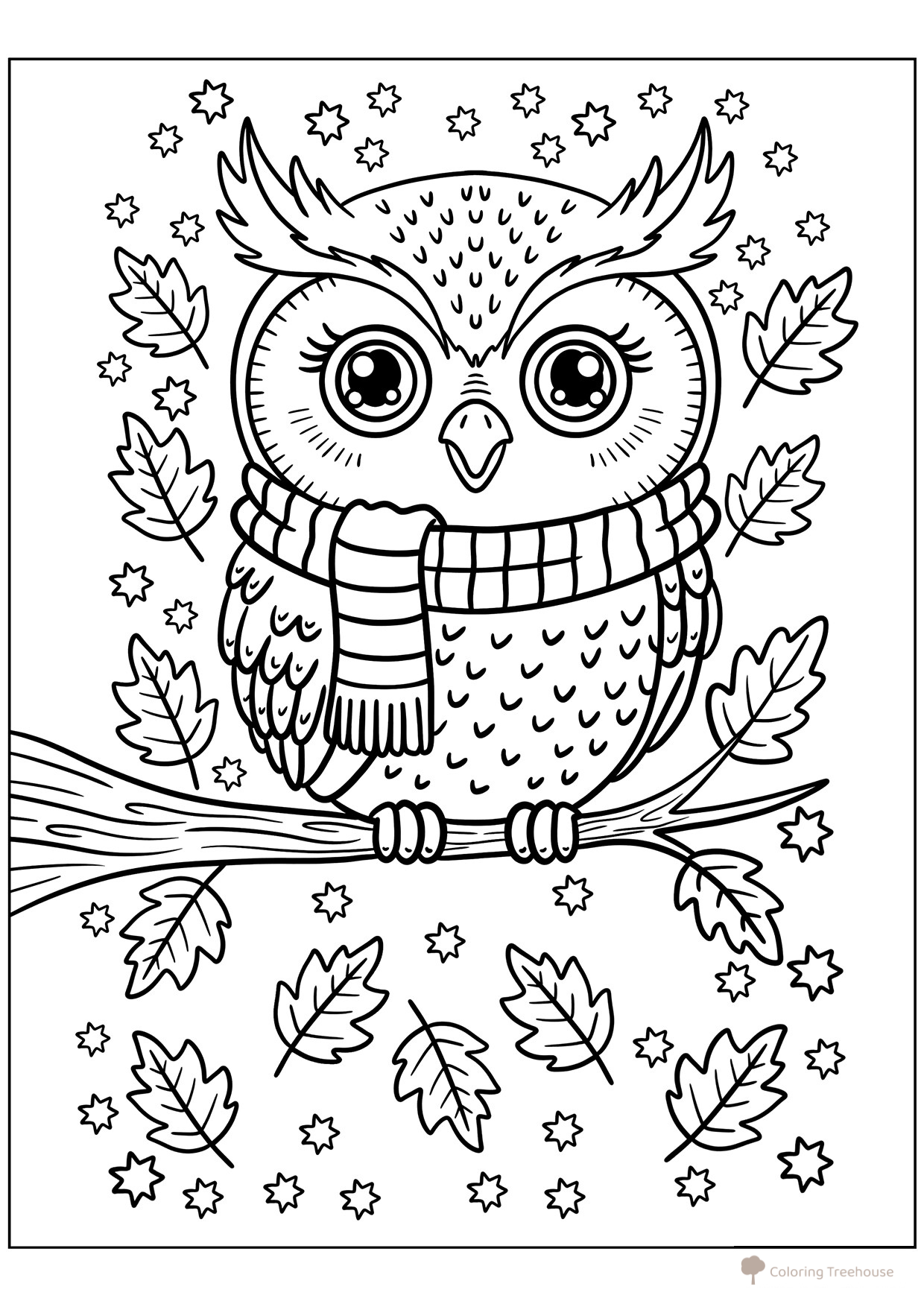 Dibujo para colorear: «Búho en la rama de otoño» dibujo para colorear gratis de Páginas para colorear: Otoño