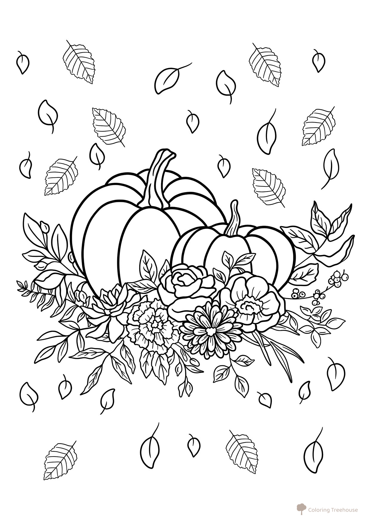 Página para colorear: Calabazas y flores en otoño dibujo para colorear gratis de Páginas para colorear: Otoño