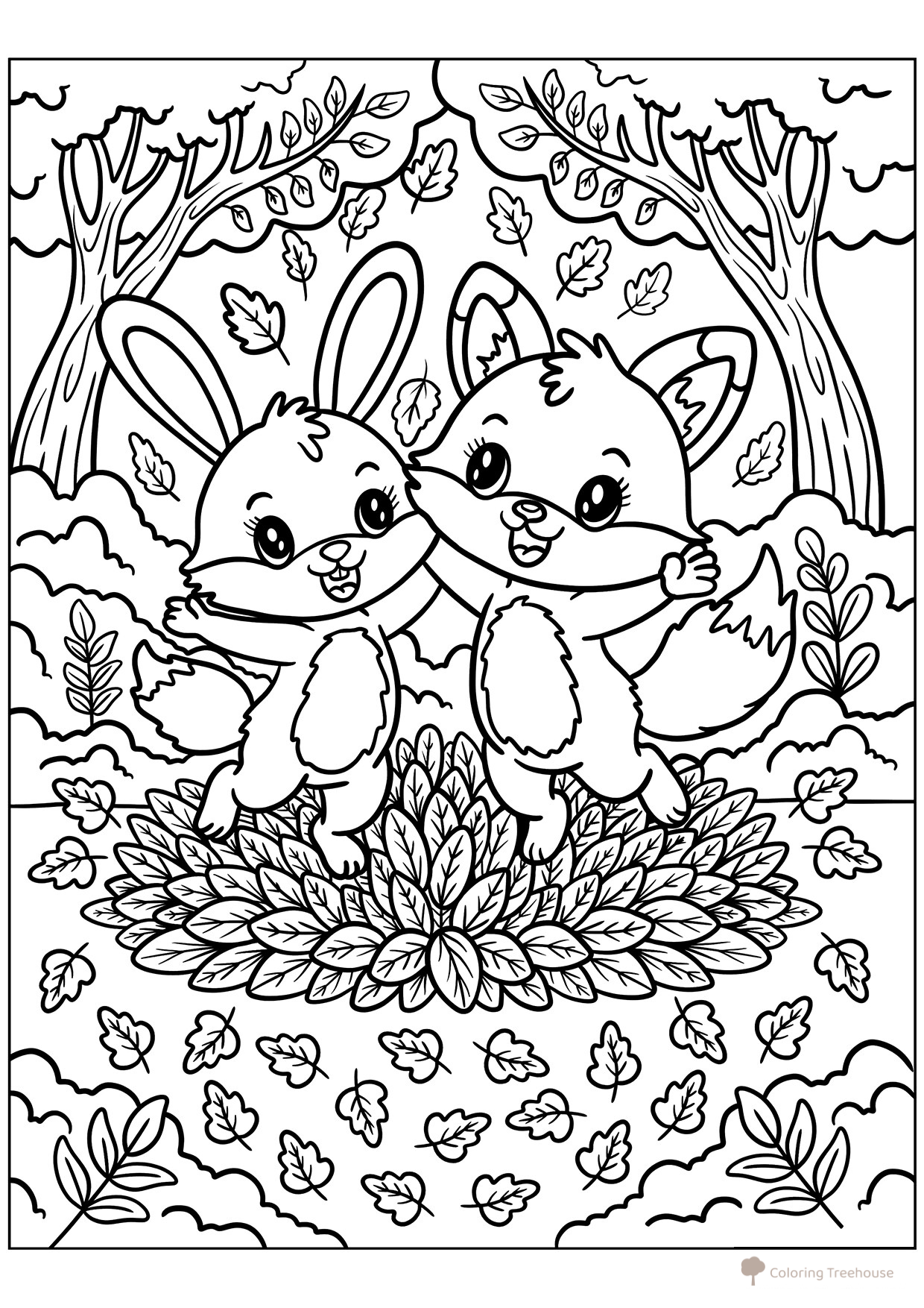 Coloring Page: Bunny and Fox in an Autumn Forest free printable Autumn Coloring Pages coloring page