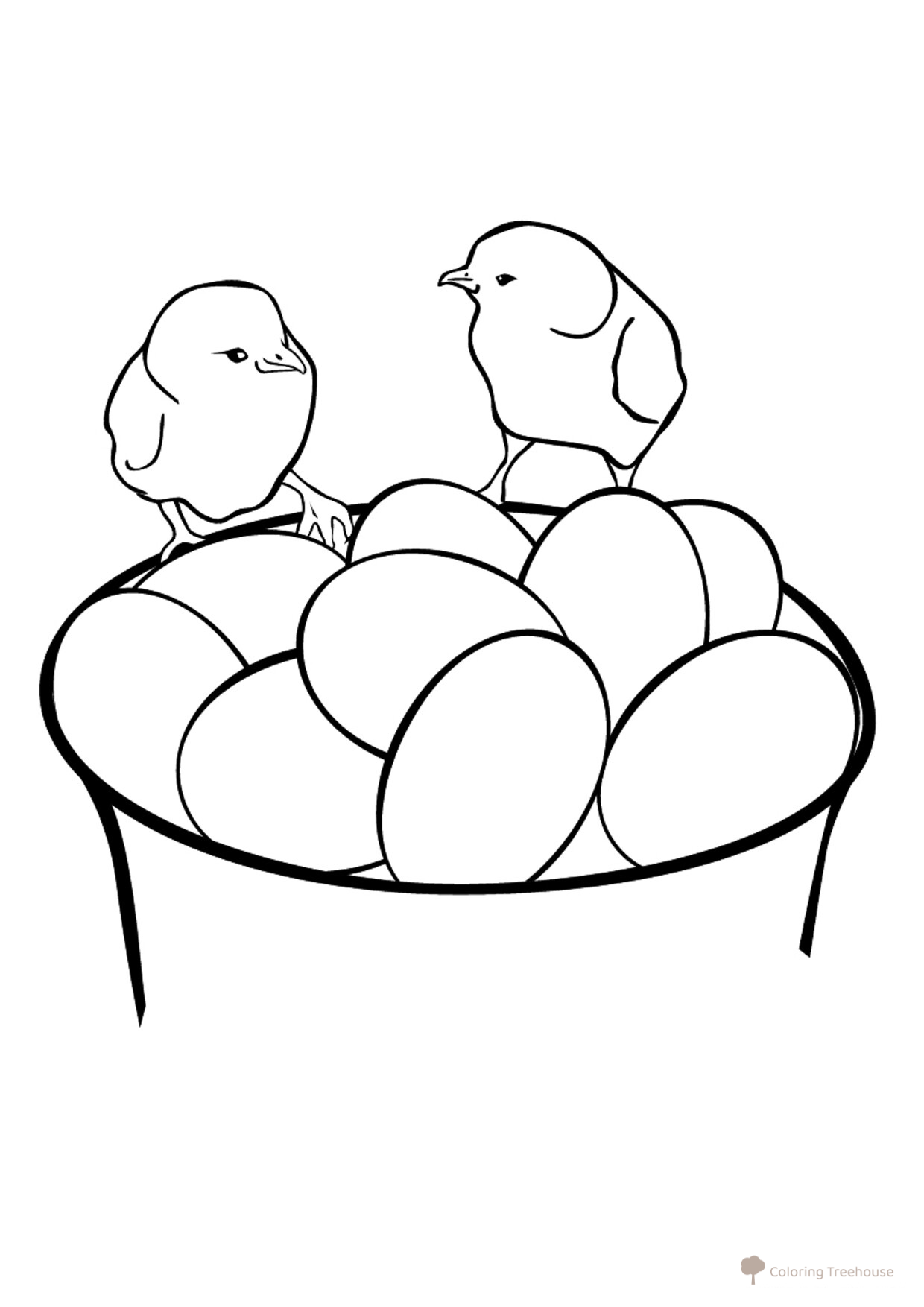 Página para colorear: Dos polluelos en un cuenco con huevos dibujo para colorear gratis de Pascua — páginas para colorear