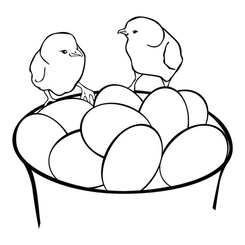 Página para colorear: Dos polluelos en un cuenco con huevos dibujo para colorear gratis de Pascua — páginas para colorear