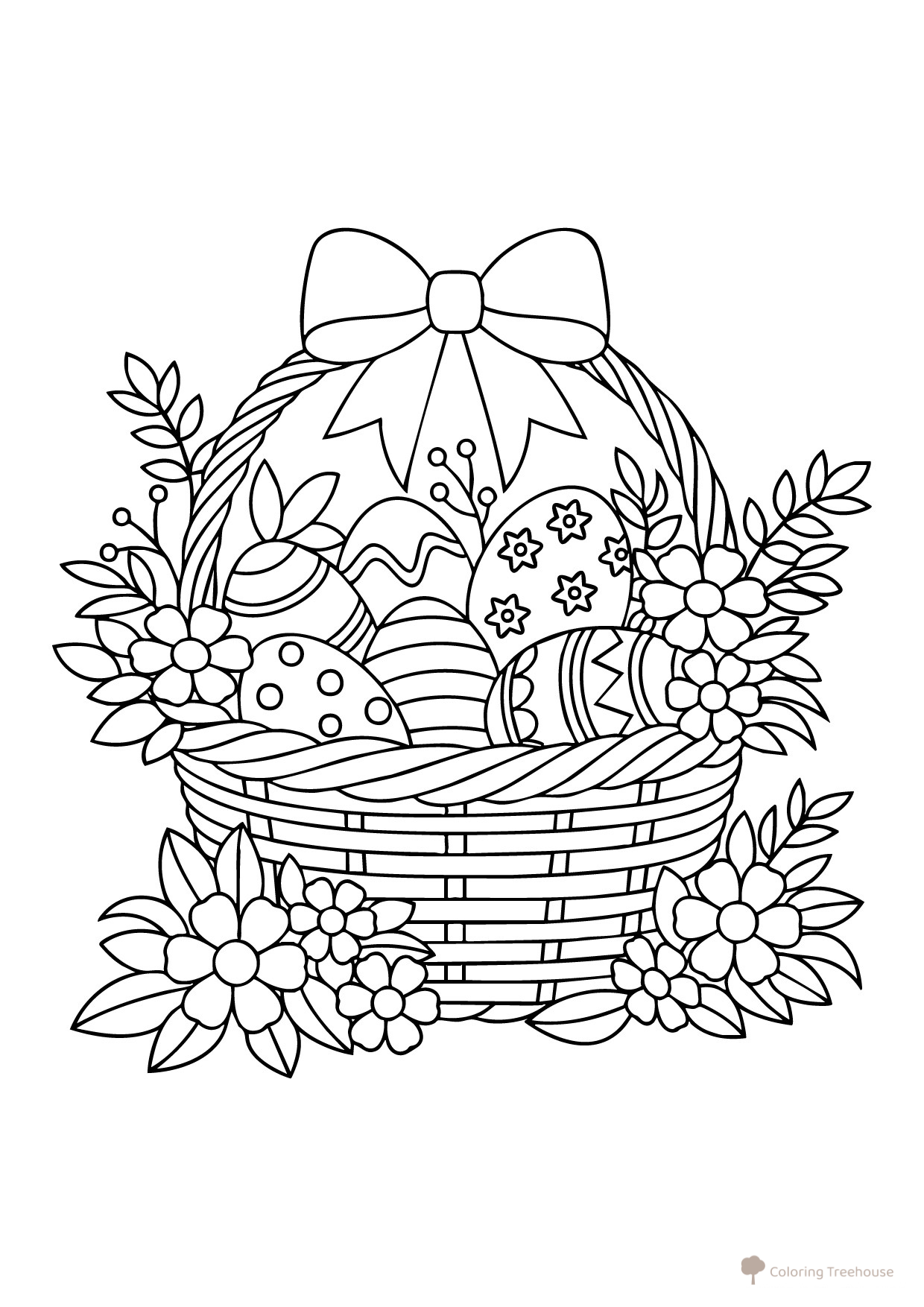 Página para colorear «Cesta con huevos en flores» dibujo para colorear gratis de Pascua — páginas para colorear
