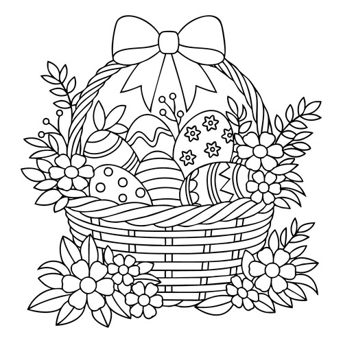 Página para colorear «Cesta con huevos en flores» dibujo para colorear gratis de Pascua — páginas para colorear