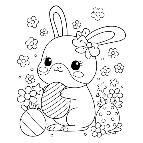 Página para colorear «Conejo de Pascua con huevos y flores» dibujo para colorear gratis de Pascua — páginas para colorear