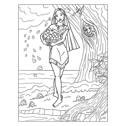 Página para colorear «Pocahontas con cesta de huevos de Pascua» dibujo para colorear gratis de Pascua — páginas para colorear