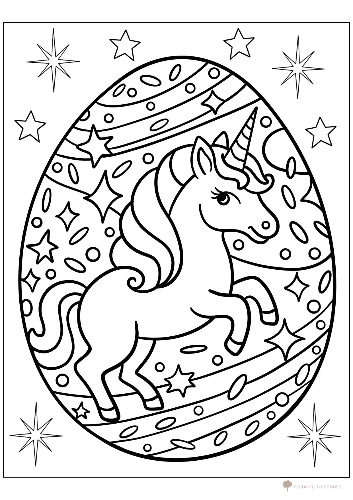 Página para colorear «Huevo con diseño de unicornio» dibujo para colorear gratis de Pascua — páginas para colorear