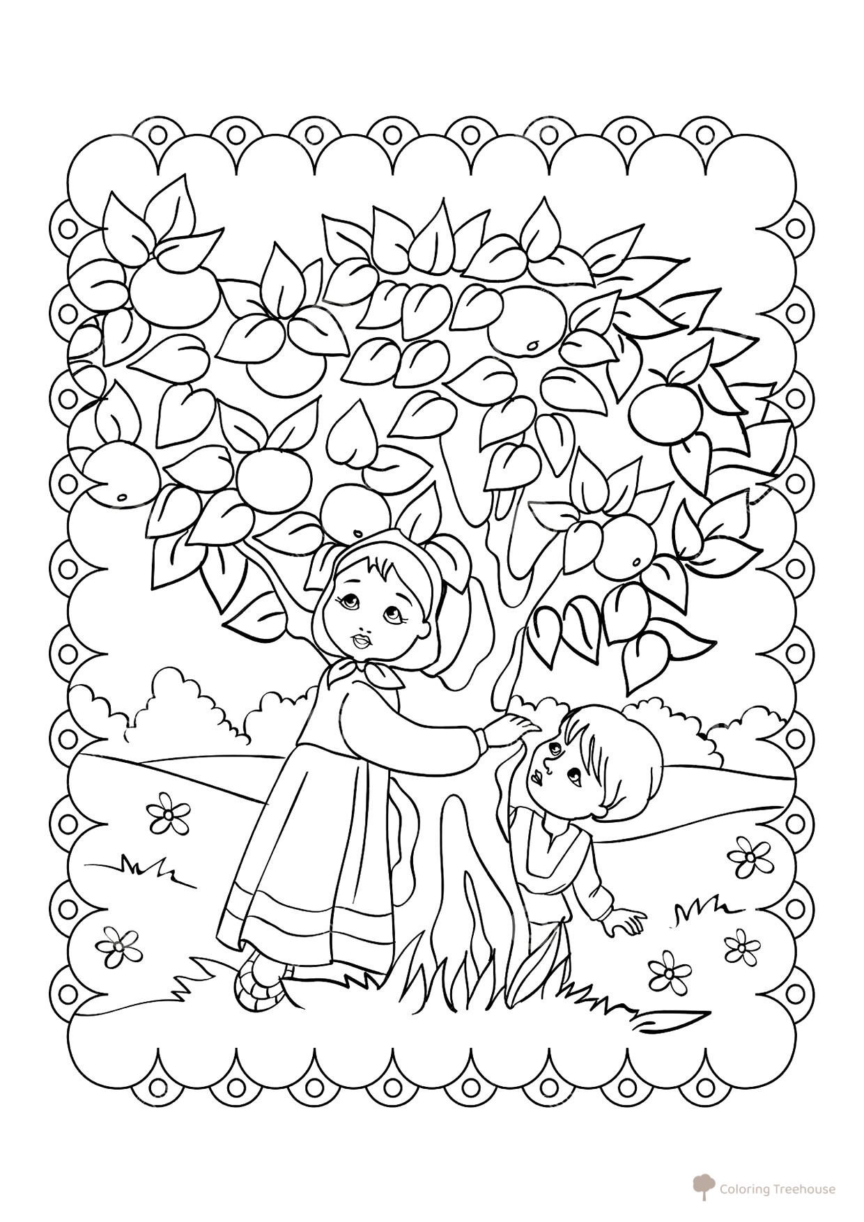 Página para colorear «Alyonushka e Ivanushka se escondieron de los gansos-cisnes» dibujo para colorear gratis de Páginas para colorear de cuentos
