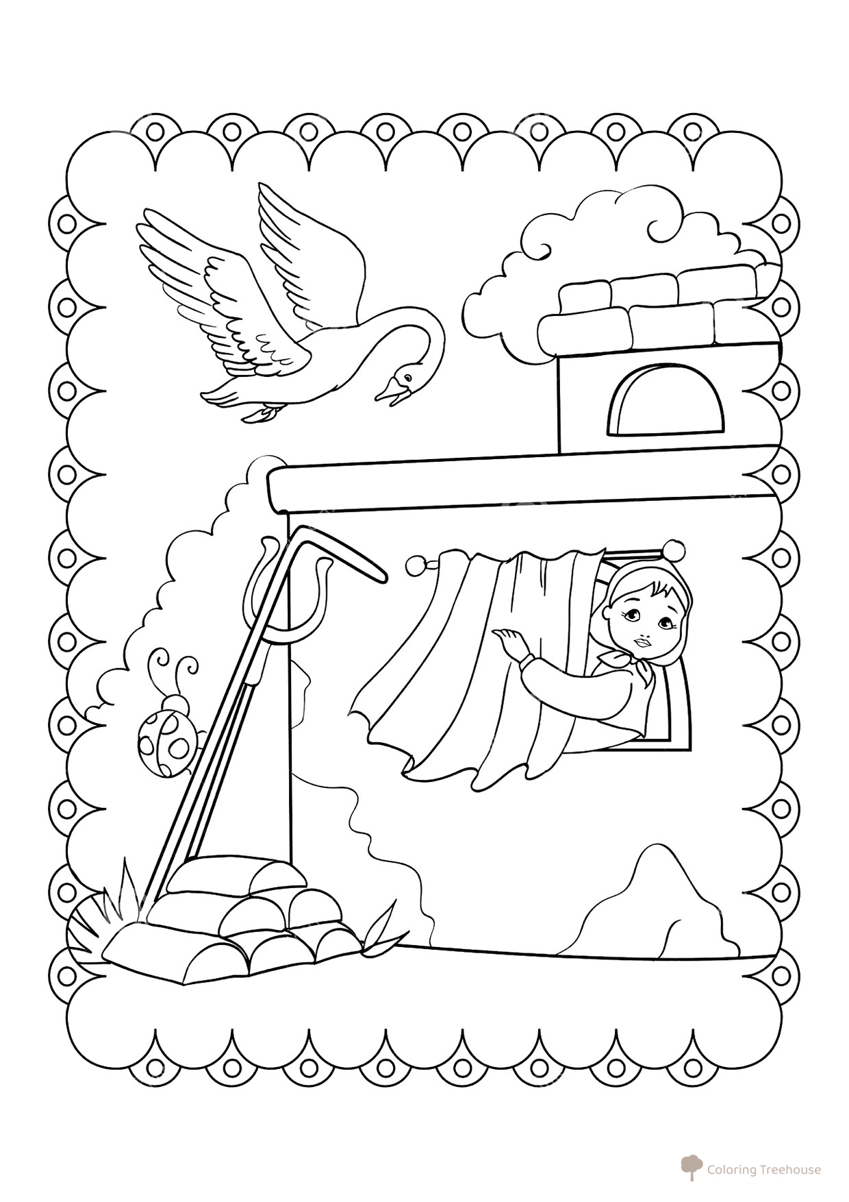 Alyonushka Hiding from the Geese-Swans Coloring Page free printable Fairy Tale Coloring Pages coloring page