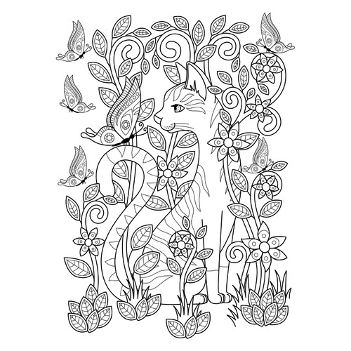 Cat in Flowers Coloring Page free printable Anti-Stress Coloring Pages coloring page