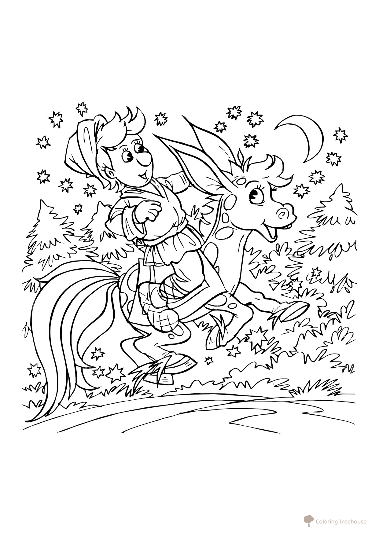 Página para colorear «Ivanushka el tonto y el caballito mágico jorobado» dibujo para colorear gratis de Páginas para colorear de cuentos