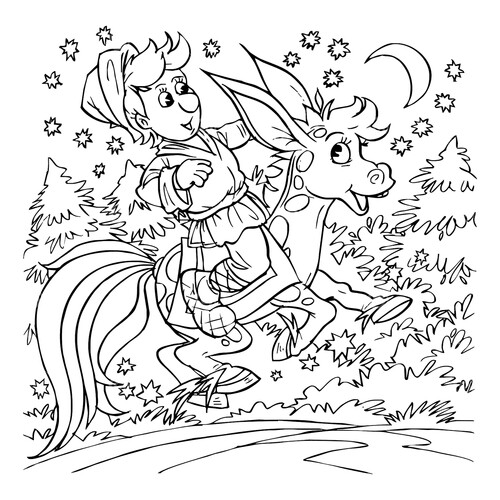 Página para colorear «Ivanushka el tonto y el caballito mágico jorobado» dibujo para colorear gratis de Páginas para colorear de cuentos