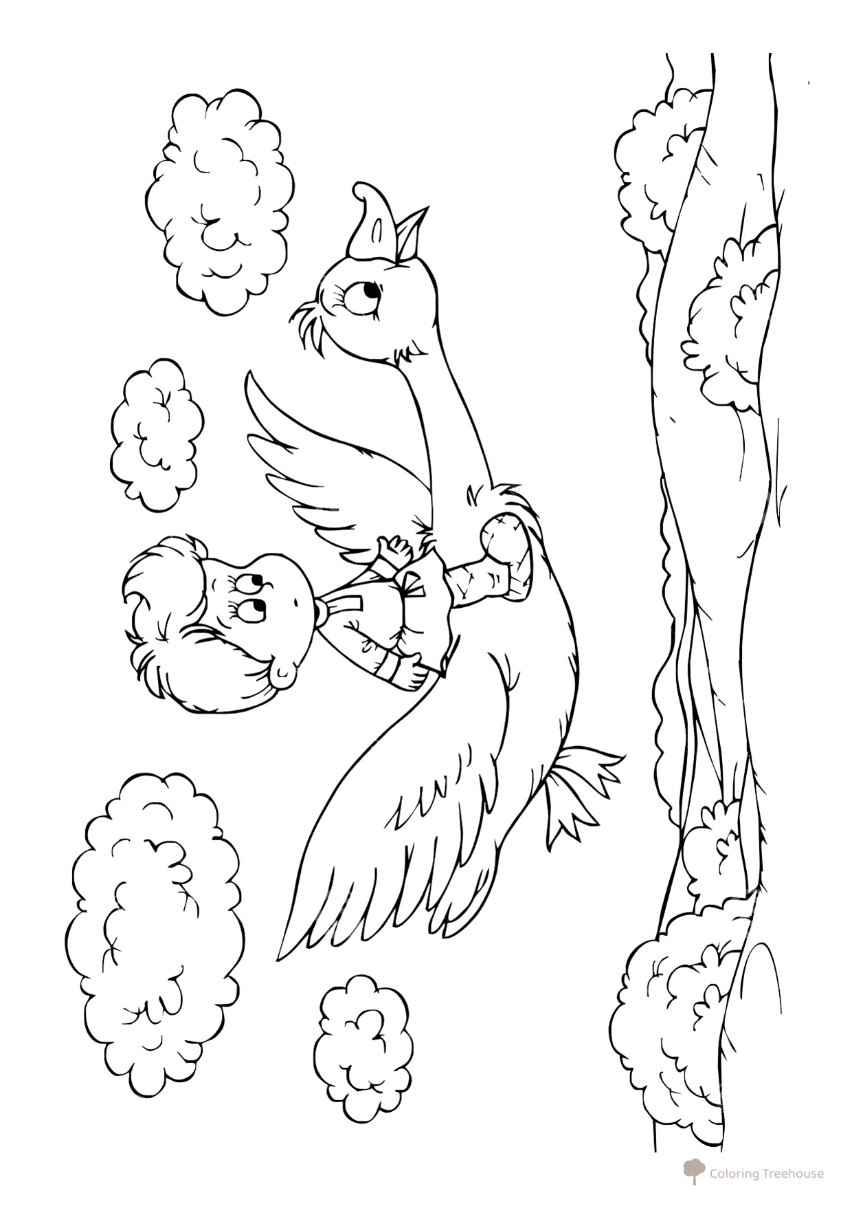Página para colorear «A Ivánushka se lo llevan los gansos-cisnes» dibujo para colorear gratis de Páginas para colorear de cuentos
