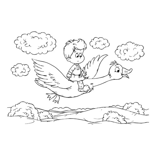 Página para colorear «A Ivánushka se lo llevan los gansos-cisnes» dibujo para colorear gratis de Páginas para colorear de cuentos