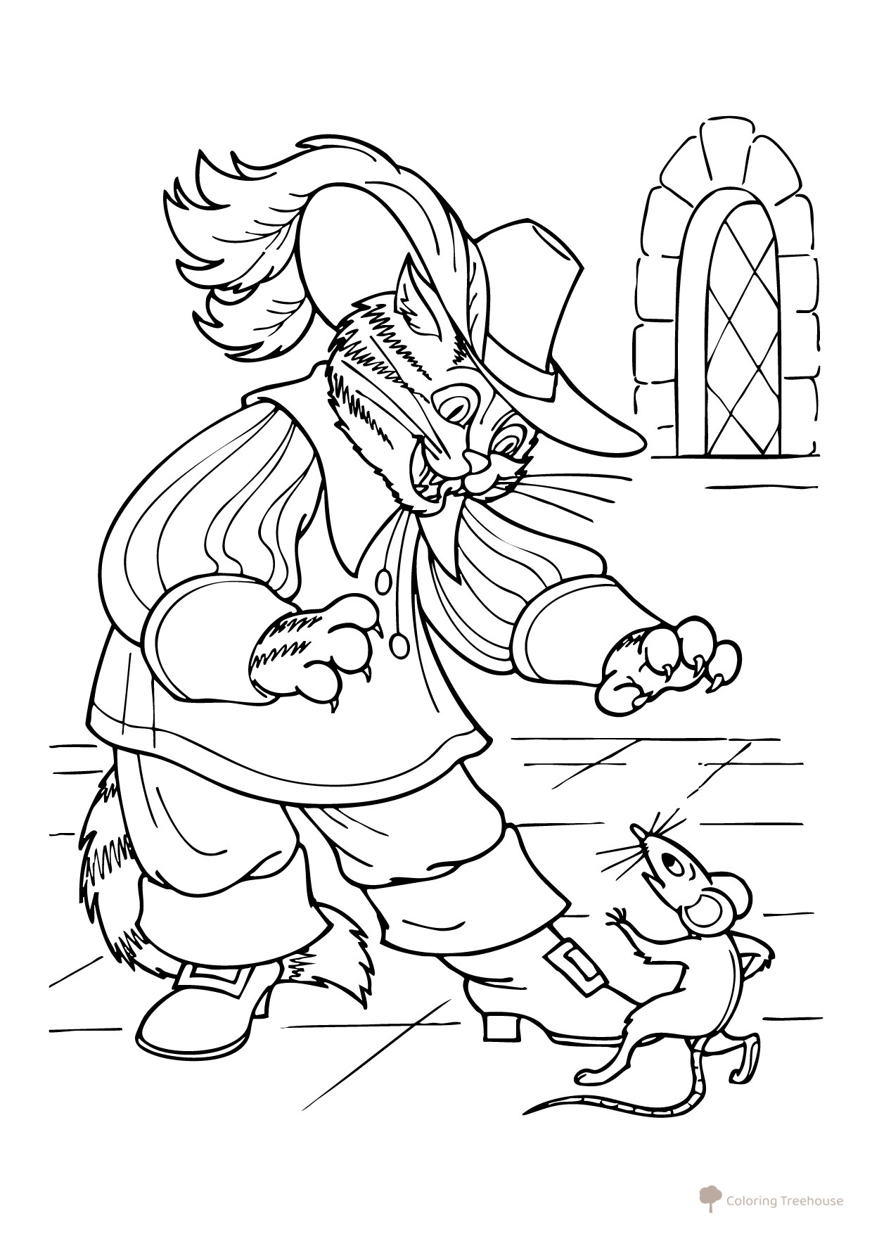 Puss in Boots and the Mouse Coloring Page free printable Fairy Tale Coloring Pages coloring page