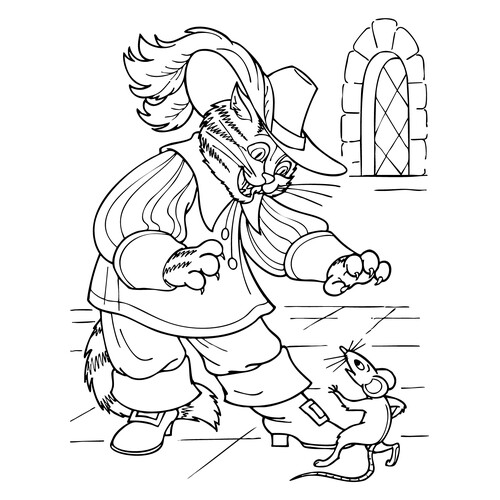 Puss in Boots and the Mouse Coloring Page free printable Fairy Tale Coloring Pages coloring page