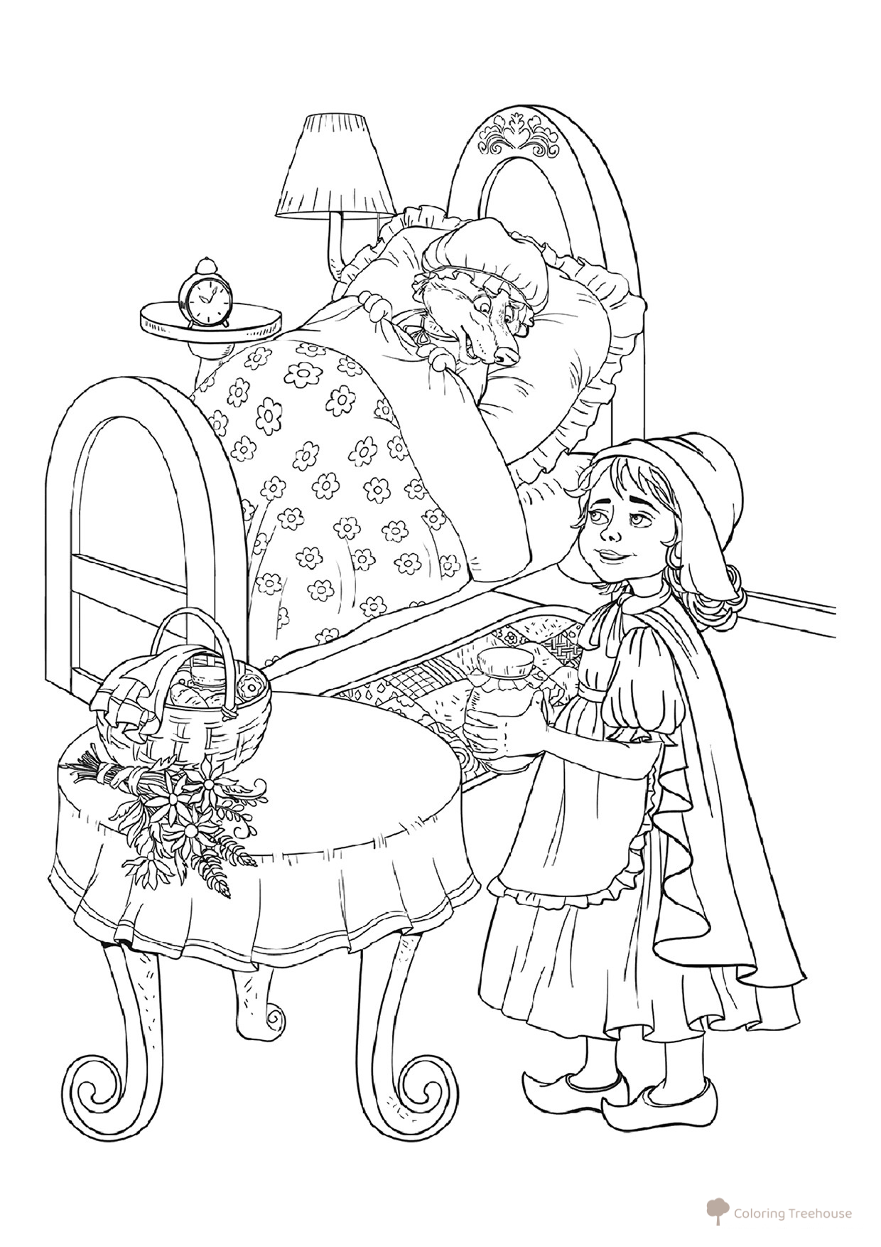 Coloring Page: Little Red Riding Hood Arrives at Grandma's free printable Fairy Tale Coloring Pages coloring page