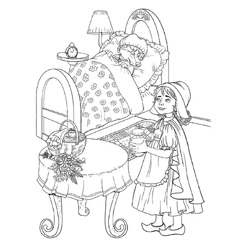 Coloring Page: Little Red Riding Hood Arrives at Grandma's free printable Fairy Tale Coloring Pages coloring page