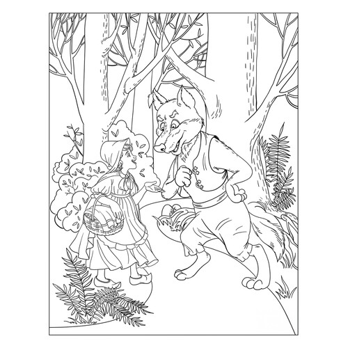 Página para colorear «Caperucita Roja en el bosque y el lobo gris» dibujo para colorear gratis de Páginas para colorear de cuentos