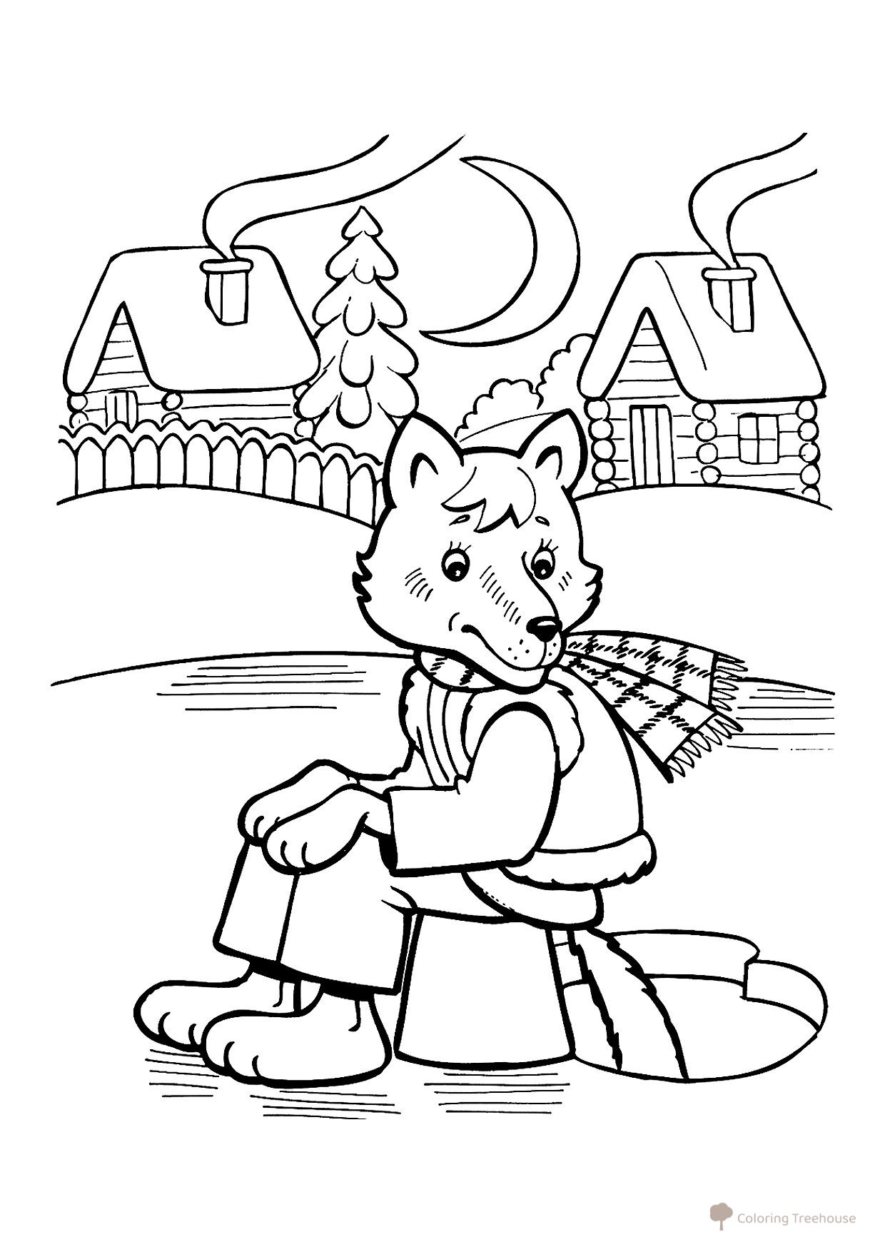 Página para colorear «El lobo dejó la cola en el agujero del hielo» dibujo para colorear gratis de Páginas para colorear de cuentos