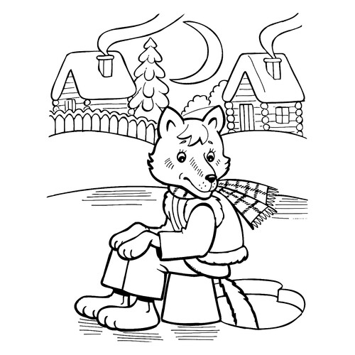 Página para colorear «El lobo dejó la cola en el agujero del hielo» dibujo para colorear gratis de Páginas para colorear de cuentos