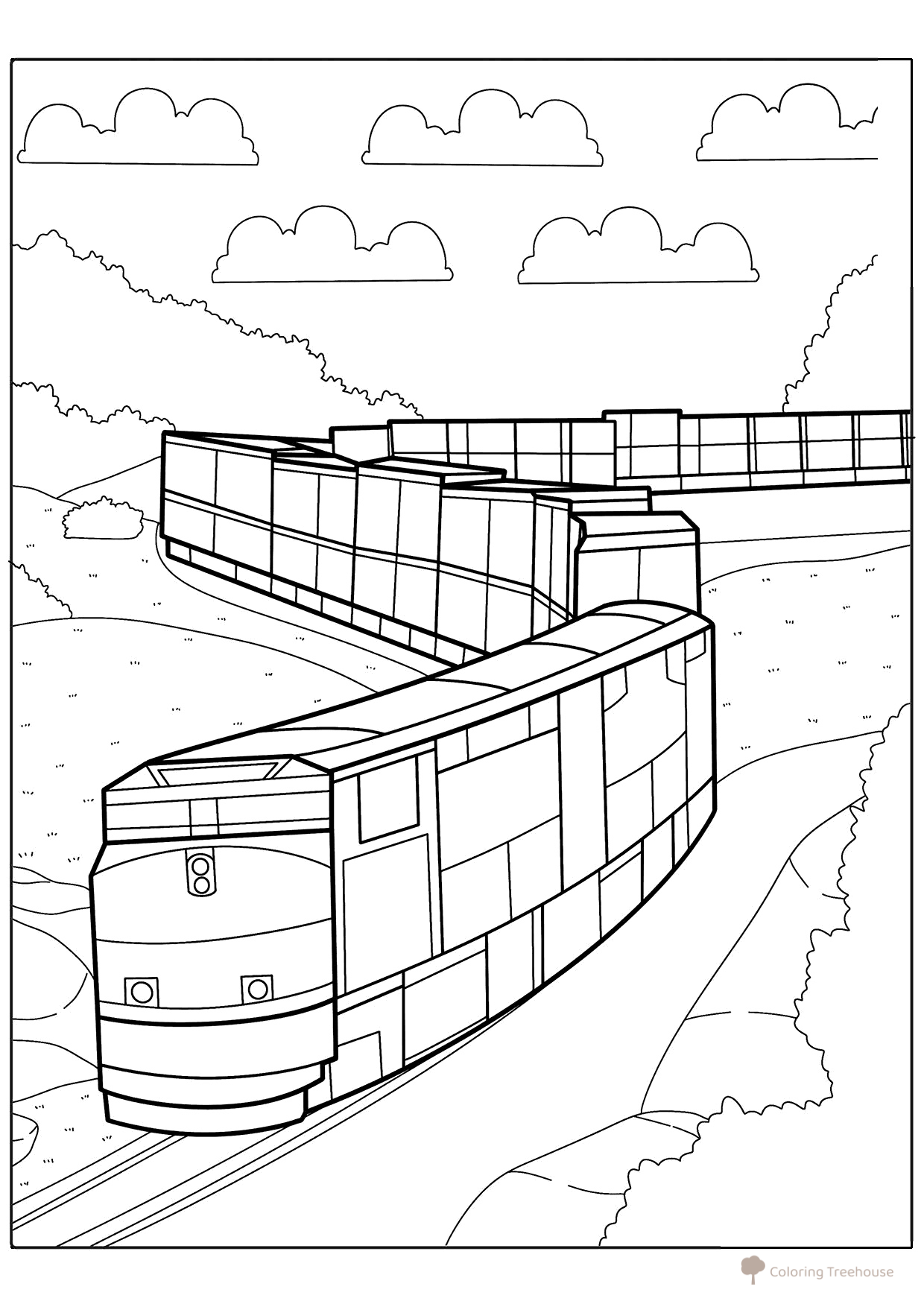 Dibujo para colorear «El tren diésel transporta carga» dibujo para colorear gratis de Páginas para colorear de trenes, locomotoras y coches eléctricos
