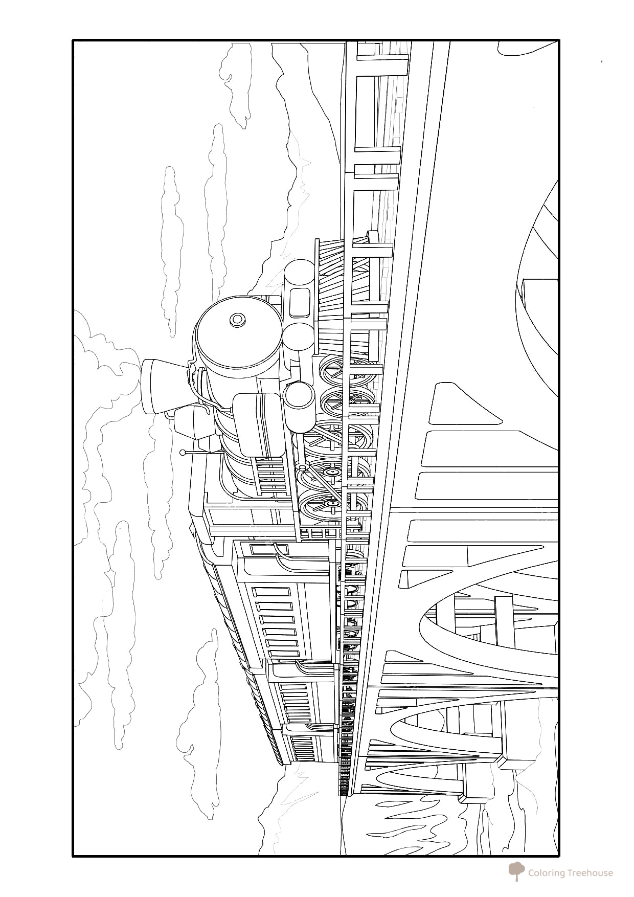 Página para colorear «Locomotora en el puente» dibujo para colorear gratis de Páginas para colorear de trenes, locomotoras y coches eléctricos