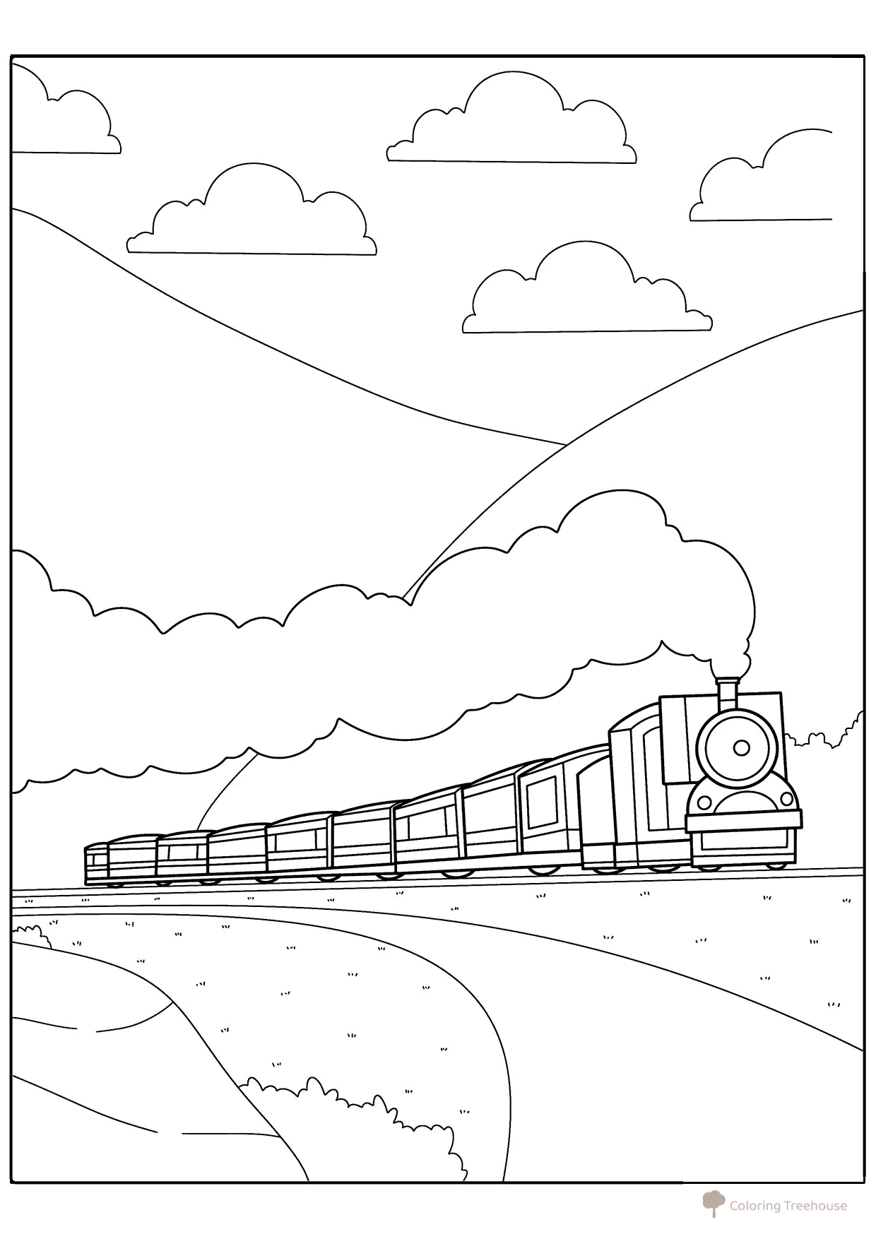 Steam Train in the Mountains Coloring Page free printable Train, Locomotive, and Electric Train Coloring Pages coloring page