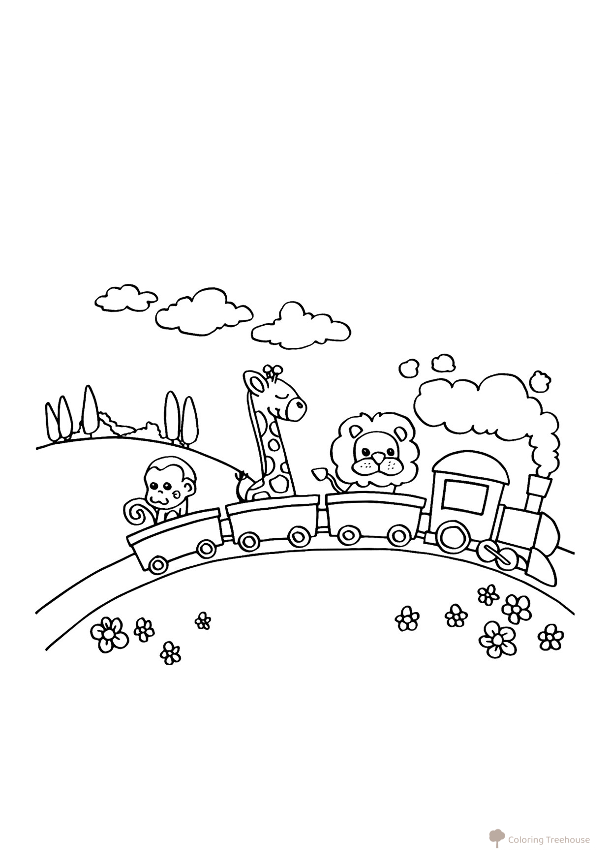 Coloring Page «Little Train, Lion, Giraffe and Monkey» free printable Train, Locomotive, and Electric Train Coloring Pages coloring page