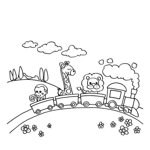 Coloring Page «Little Train, Lion, Giraffe and Monkey» free printable Train, Locomotive, and Electric Train Coloring Pages coloring page