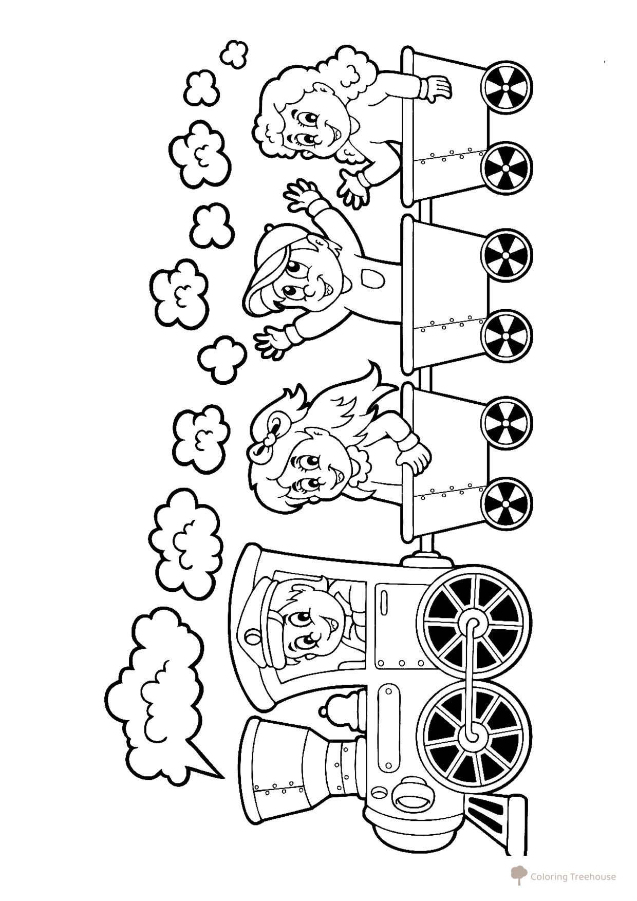Train with Happy Children Coloring Page free printable Train, Locomotive, and Electric Train Coloring Pages coloring page