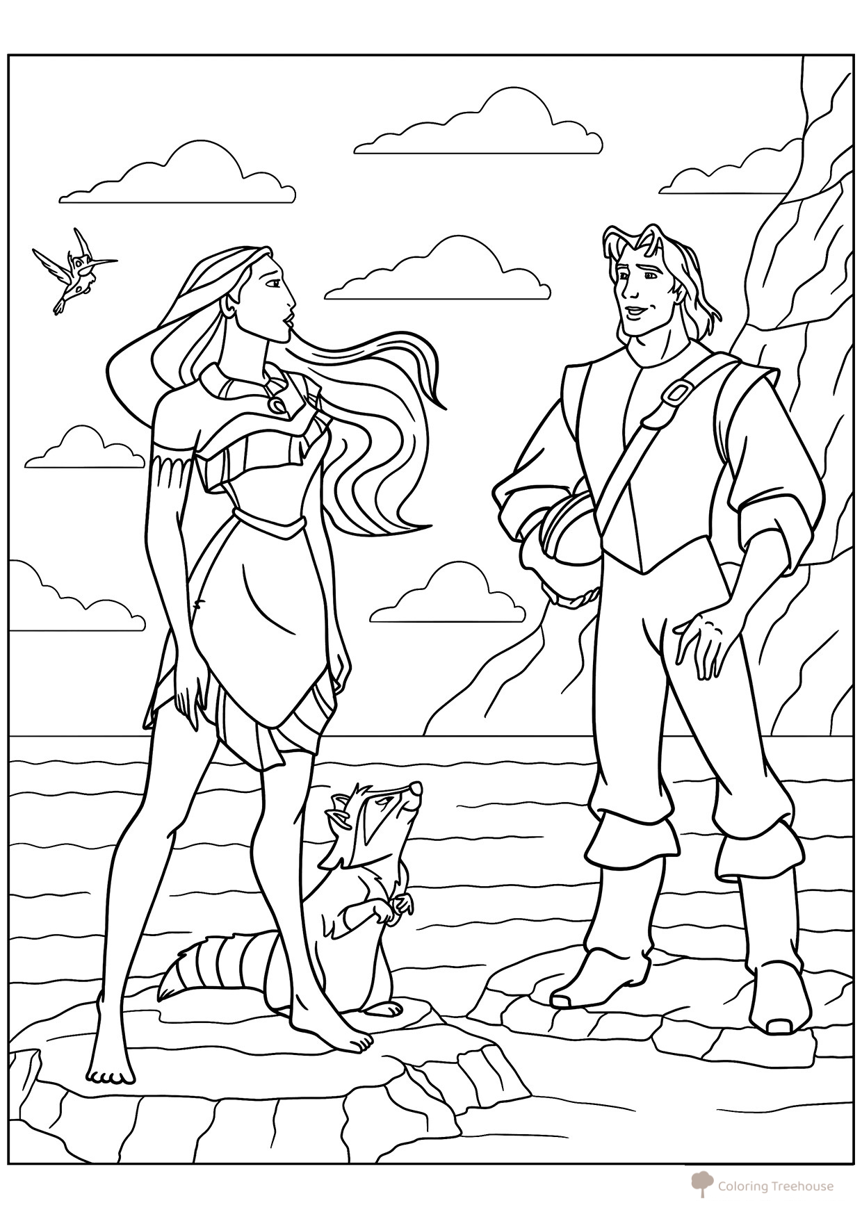 Pocahontas Coloring Page with Pets and John Smith free printable Pocahontas Coloring Pages coloring page