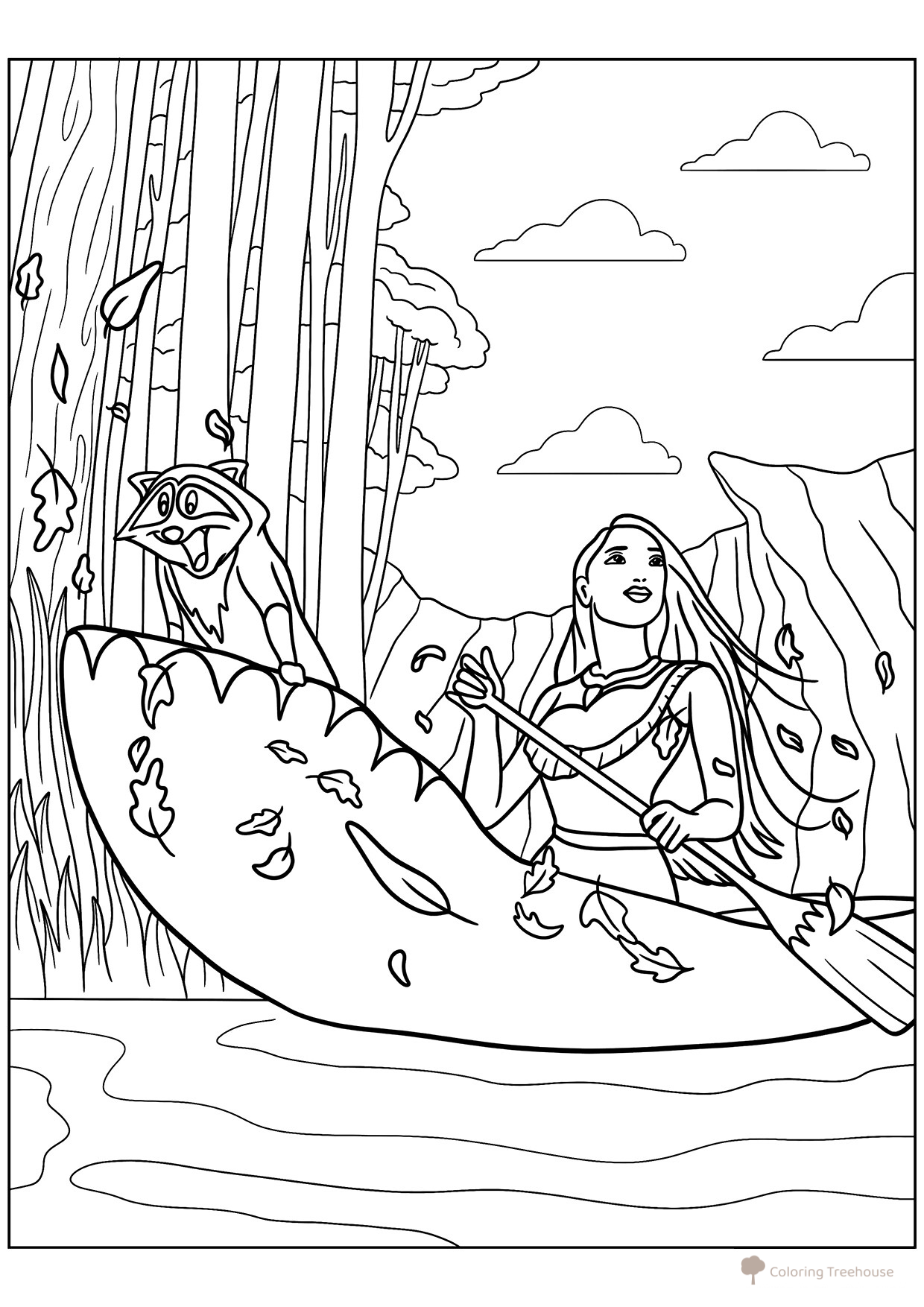 Pocahontas y Meeko en el canoe - Página para colorear dibujo para colorear gratis de Páginas para colorear de Pocahontas