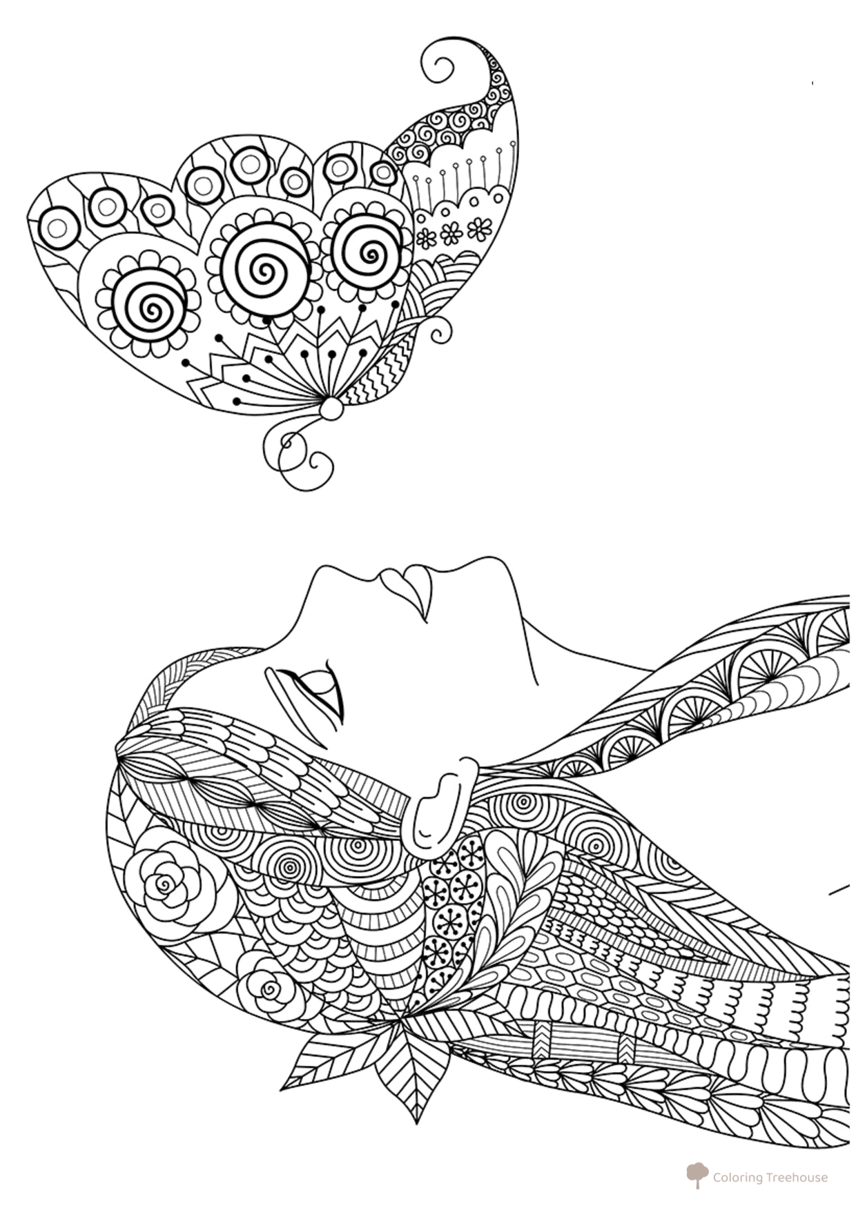 Girl with Butterfly Coloring Page free printable Art Therapy Coloring Pages coloring page
