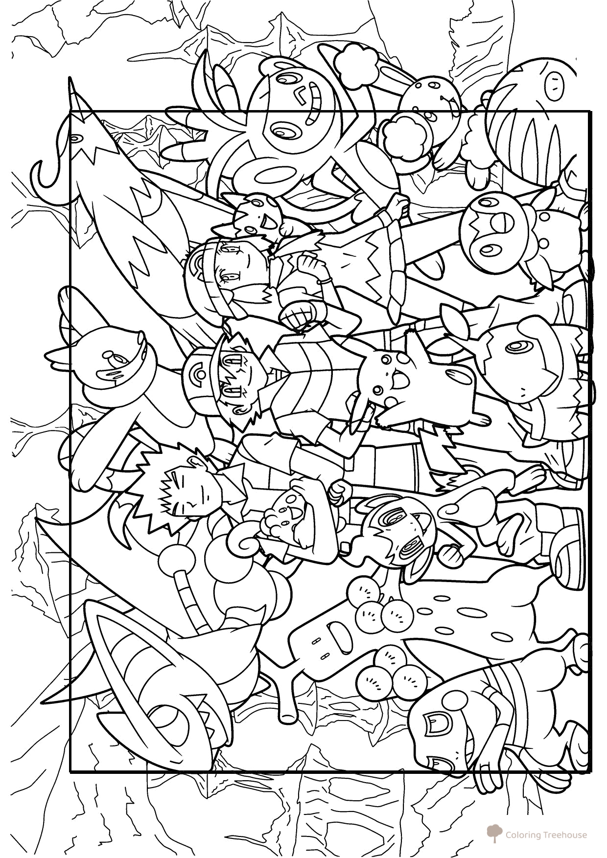 Página para colorear: Entrenadores y sus Pokémon dibujo para colorear gratis de Pokemon Coloring Pages