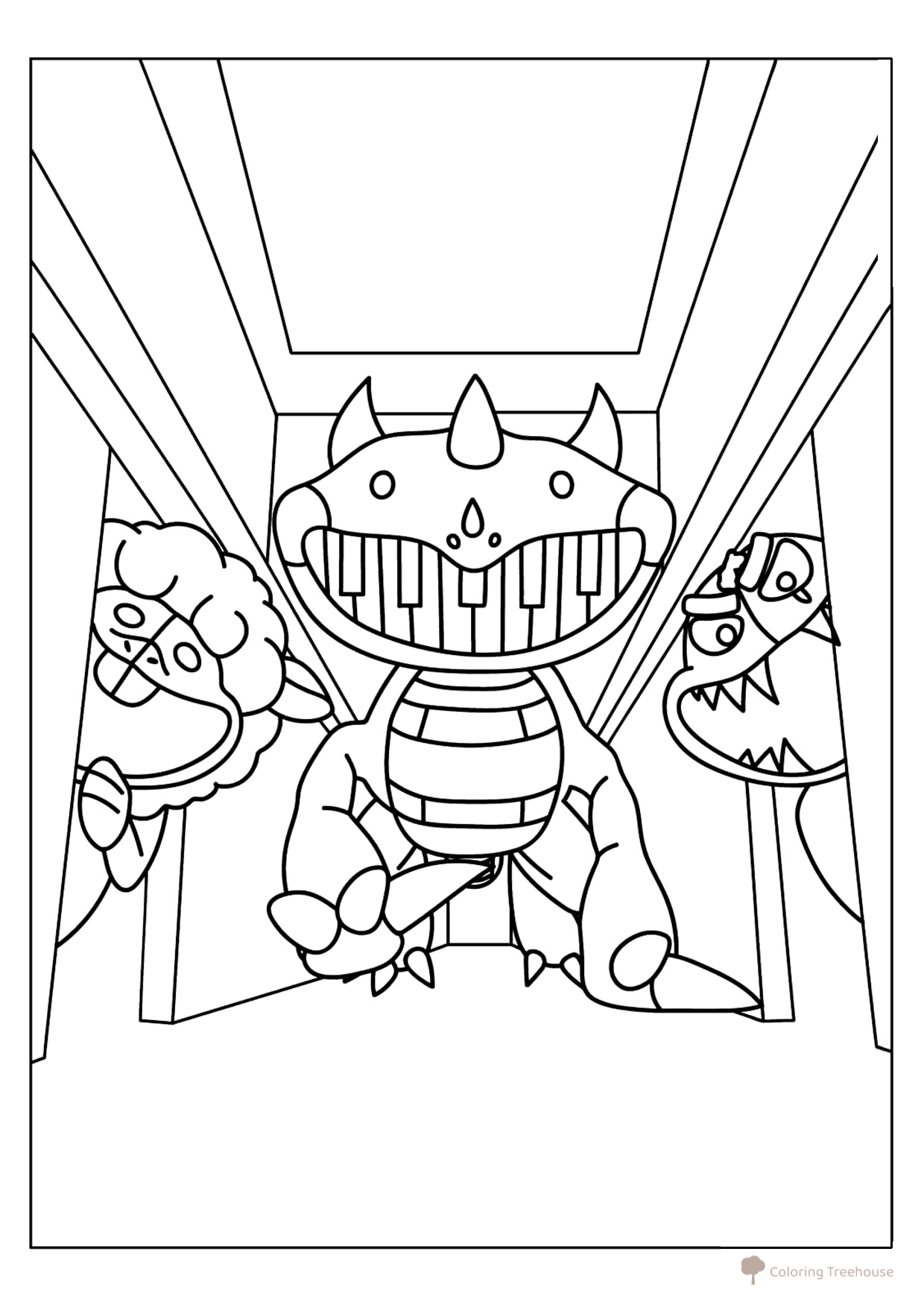 Página para colorear «Pianozavr y criaturas espantosas» dibujo para colorear gratis de Páginas para colorear de Poppy Playtime