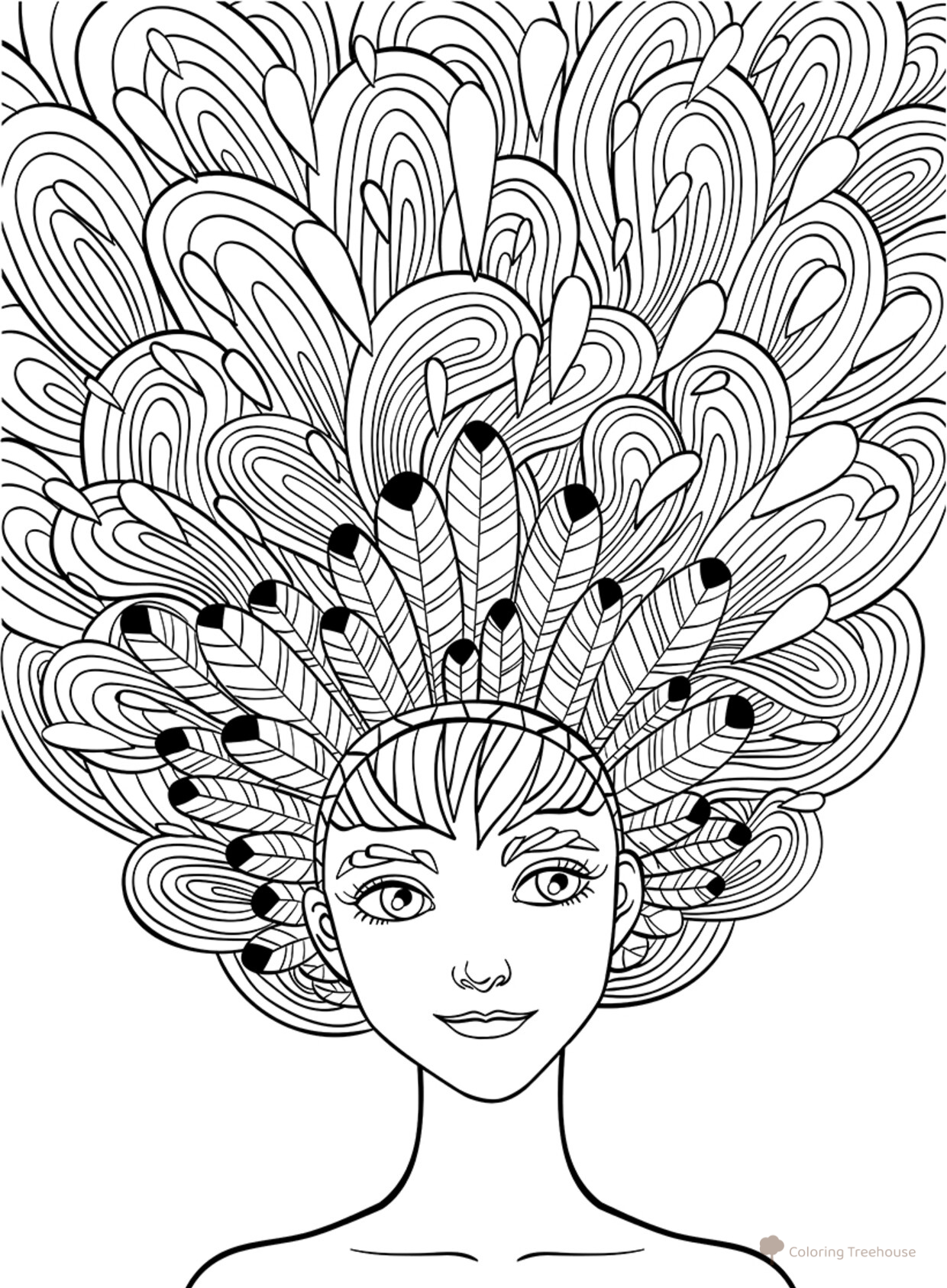 Pintura terapéutica: Plumas en el cabello (página para colorear) dibujo para colorear gratis de Art Therapy Coloring Pages