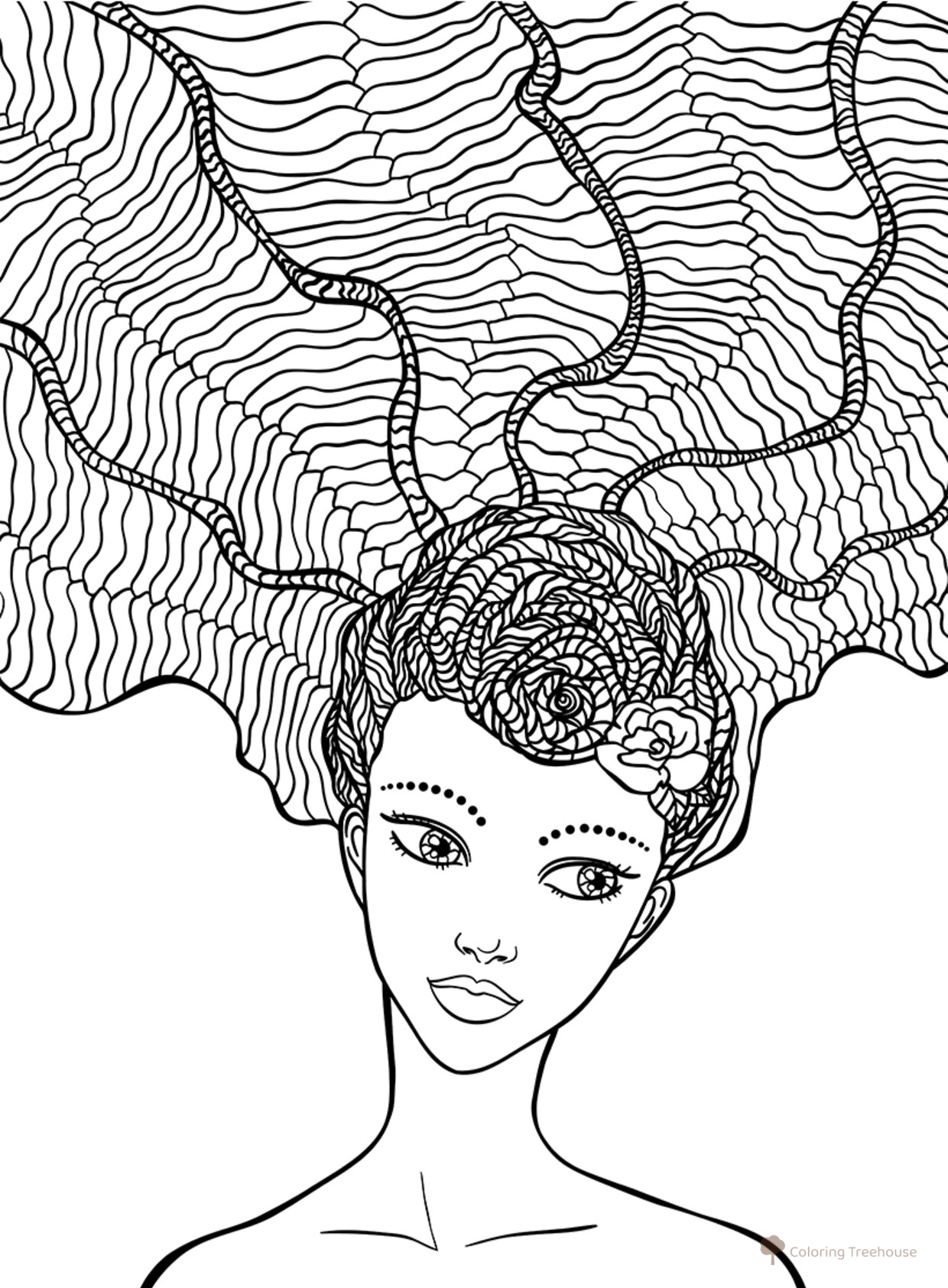 Colorear Art-terapia: Peinado con trenzas enrolladas dibujo para colorear gratis de Art Therapy Coloring Pages