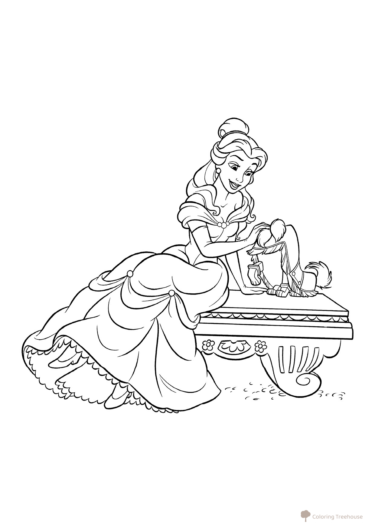 Página para colorear: Bella sentada en el banco dibujo para colorear gratis de Princess Coloring Pages