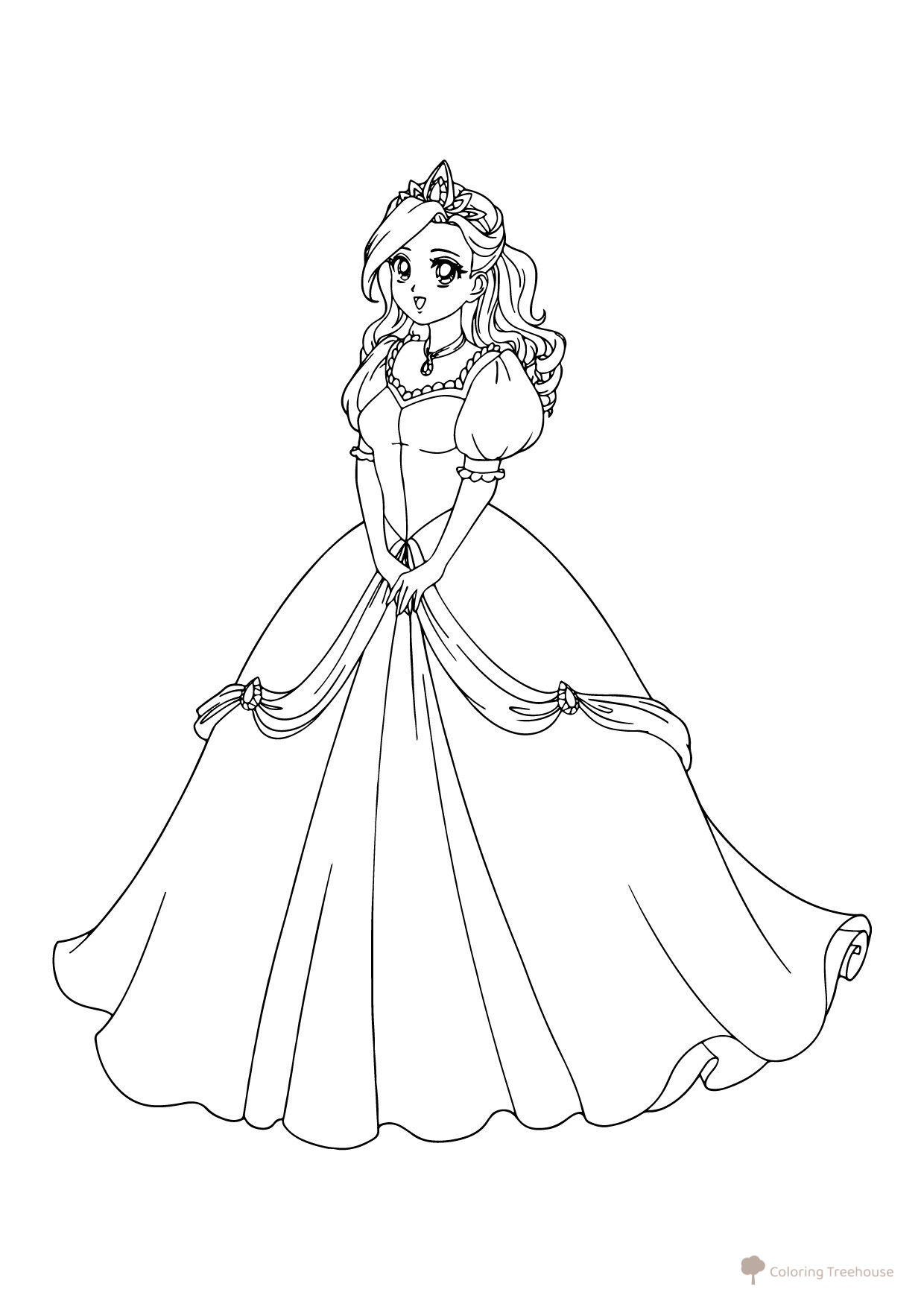 Elegant Princess in a Magnificent Dress Coloring Page free printable Princess Coloring Pages coloring page