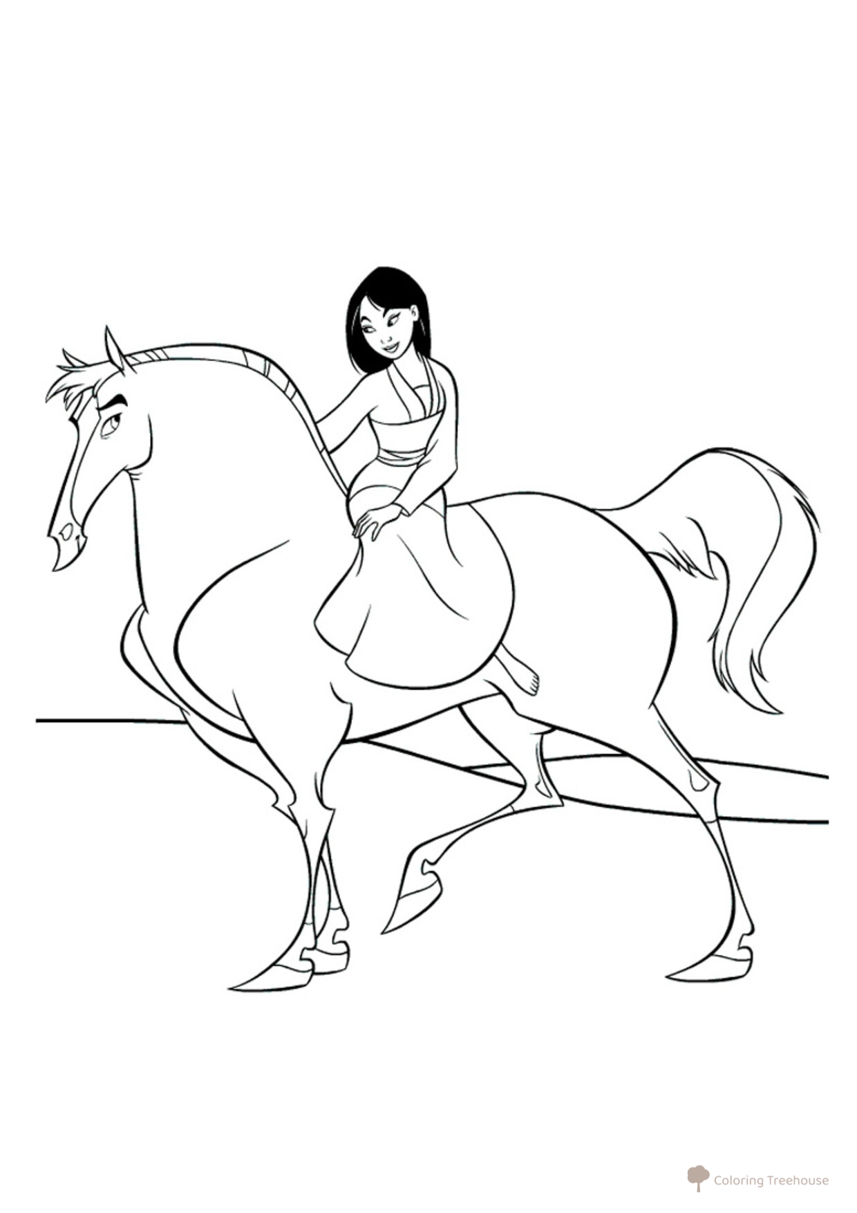 Mulan montada en un caballo - página para colorear dibujo para colorear gratis de Princess Coloring Pages