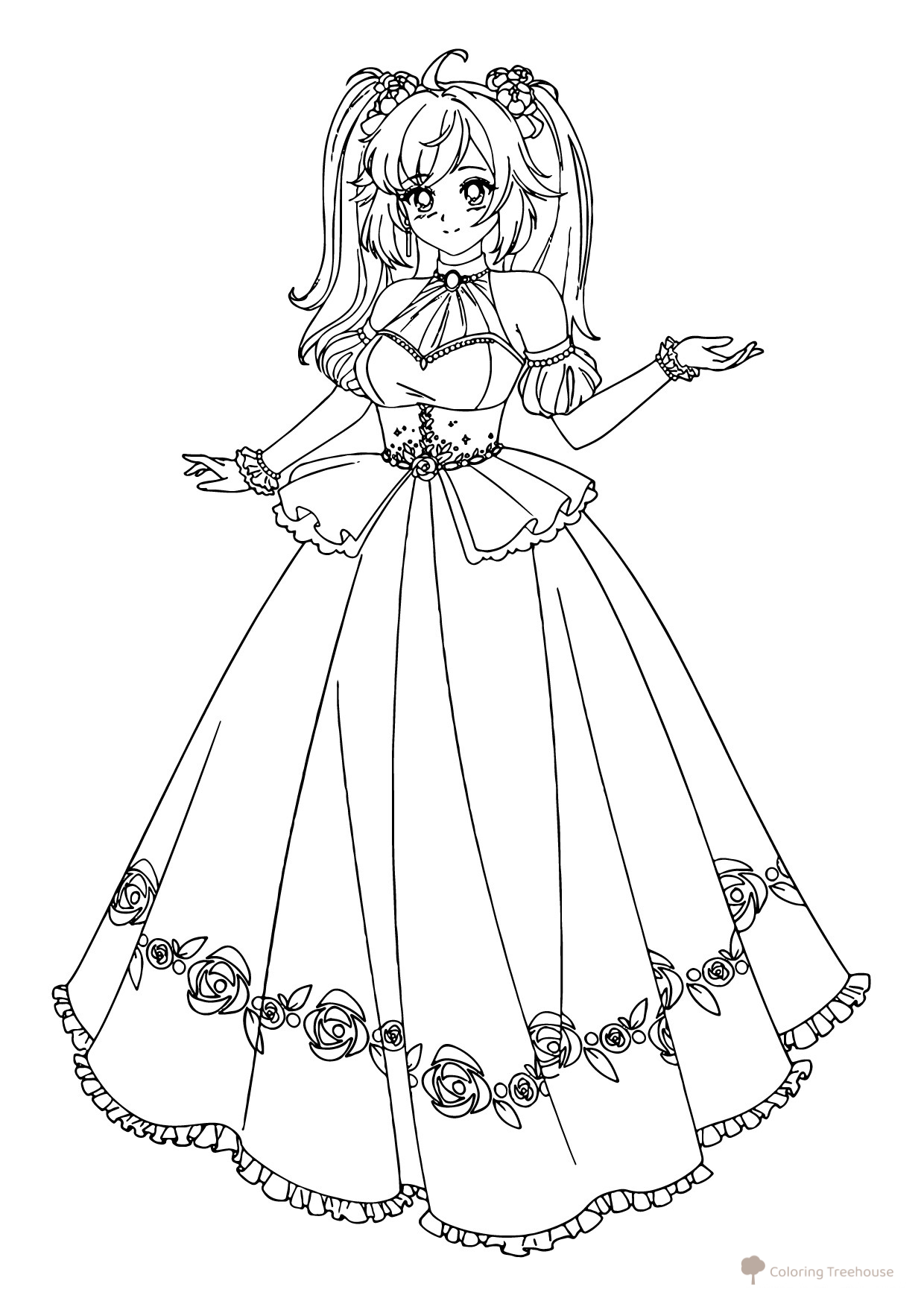 Graceful Anime Princess in a Ball Gown Coloring Page free printable Princess Coloring Pages coloring page