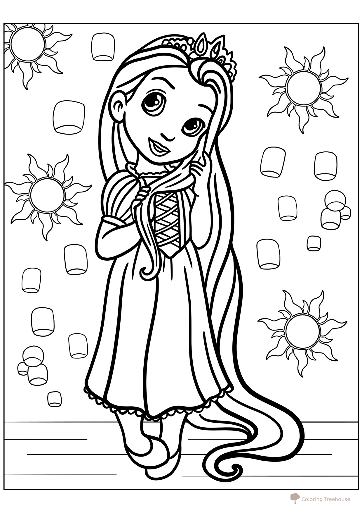 Página para colorear: Pequeña princesa Rapunzel dibujo para colorear gratis de Princess Coloring Pages