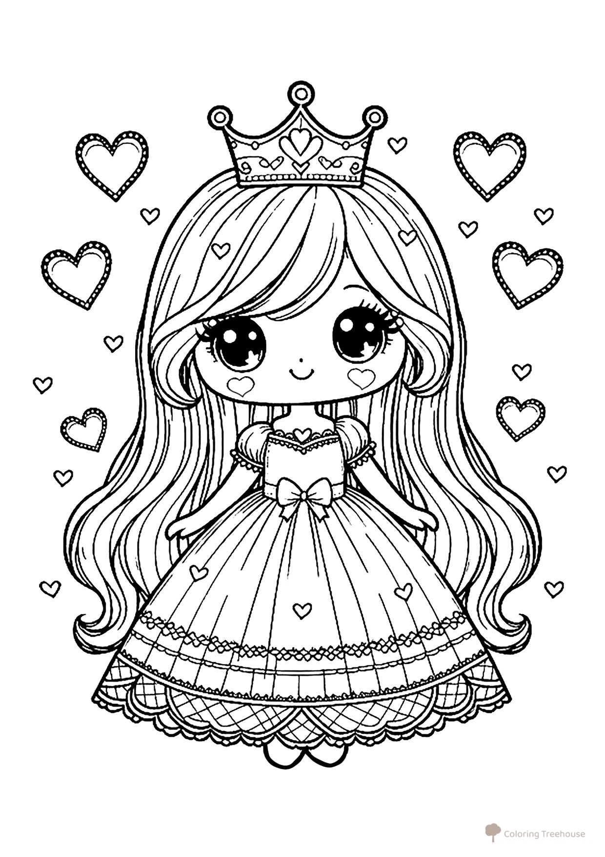 Página para colorear «Dulce princesa de corazones» dibujo para colorear gratis de Princess Coloring Pages