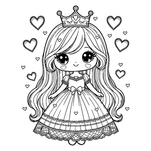 Cute Princess with Hearts Coloring Page free printable Princess Coloring Pages coloring page