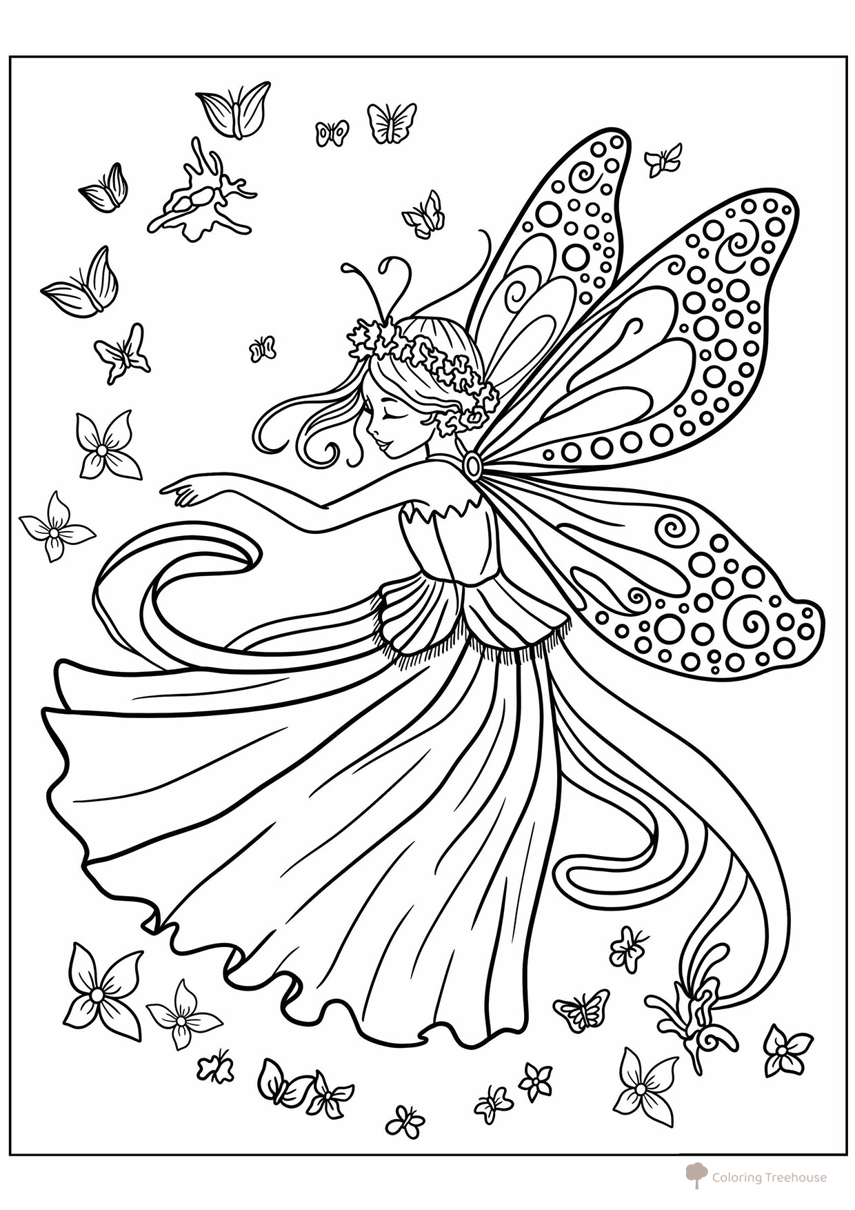 Princess Fairy with Butterflies Coloring Page free printable Princess Coloring Pages coloring page