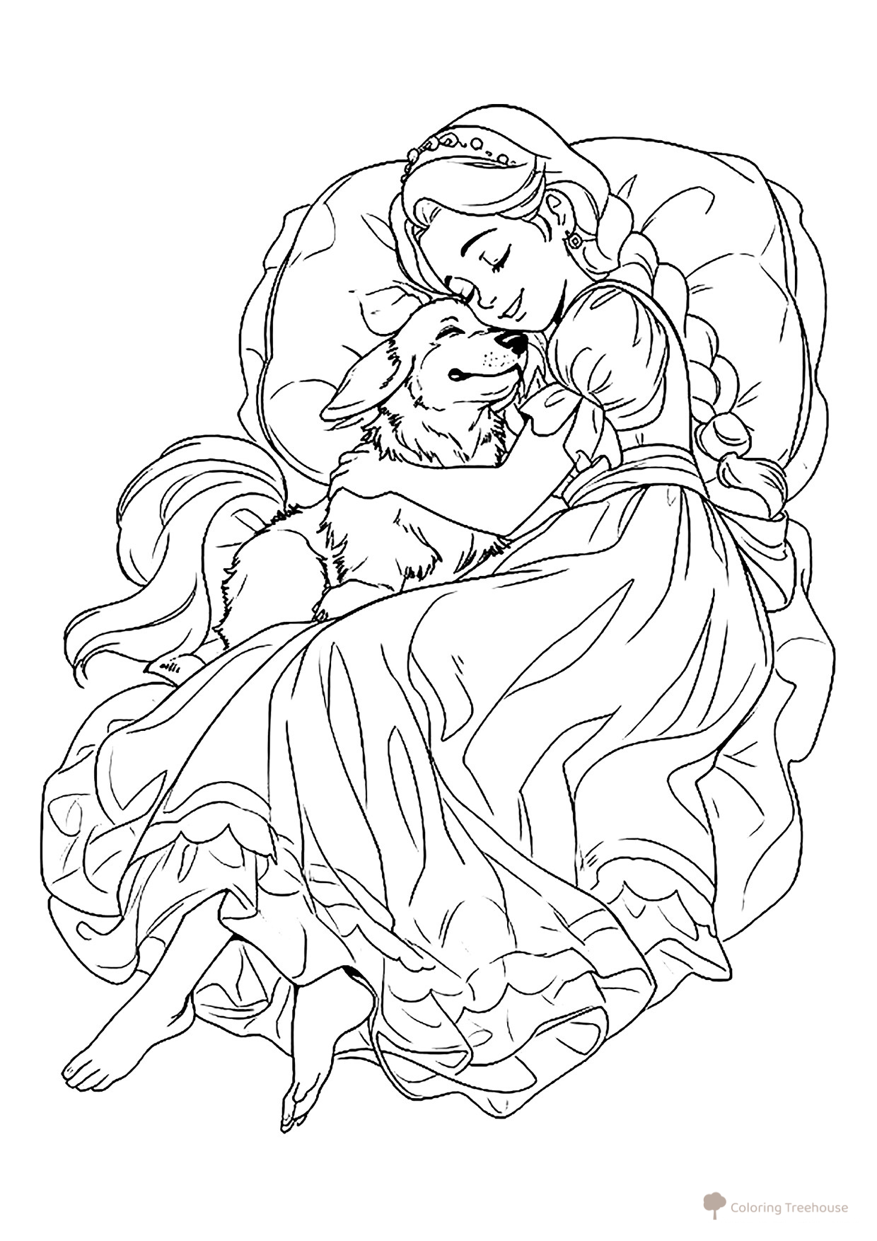 Princess and Her Puppy Coloring Page free printable Princess Coloring Pages coloring page