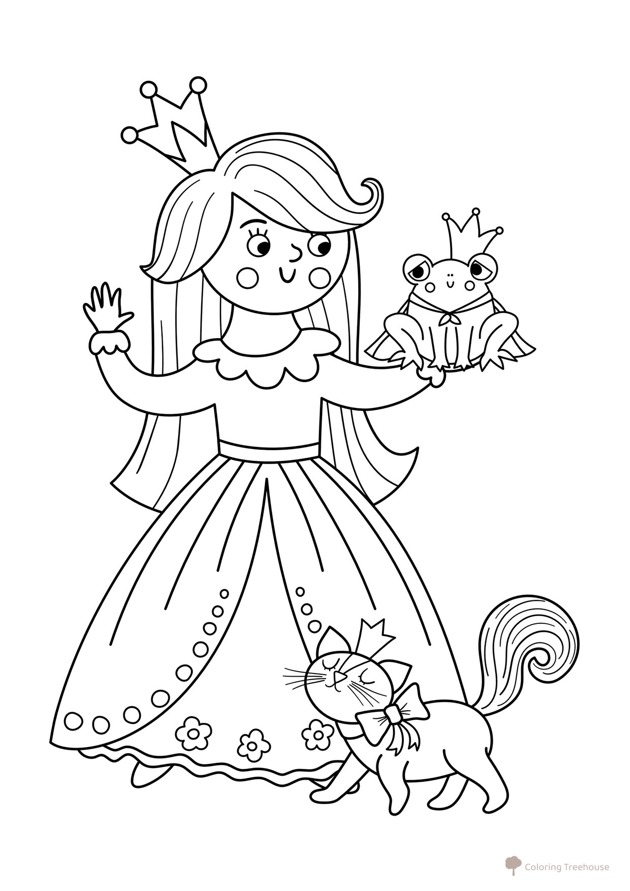 Princesa, gatito y rana - página para colorear dibujo para colorear gratis de Princess Coloring Pages